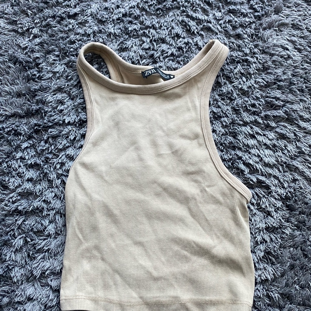 Zara Cream Sleeveless Fitted Crop Tank Top